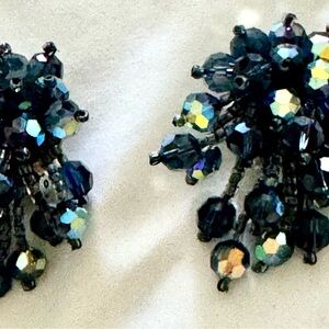 Black Cascading Beaded Earrings with Iridescent Glow
